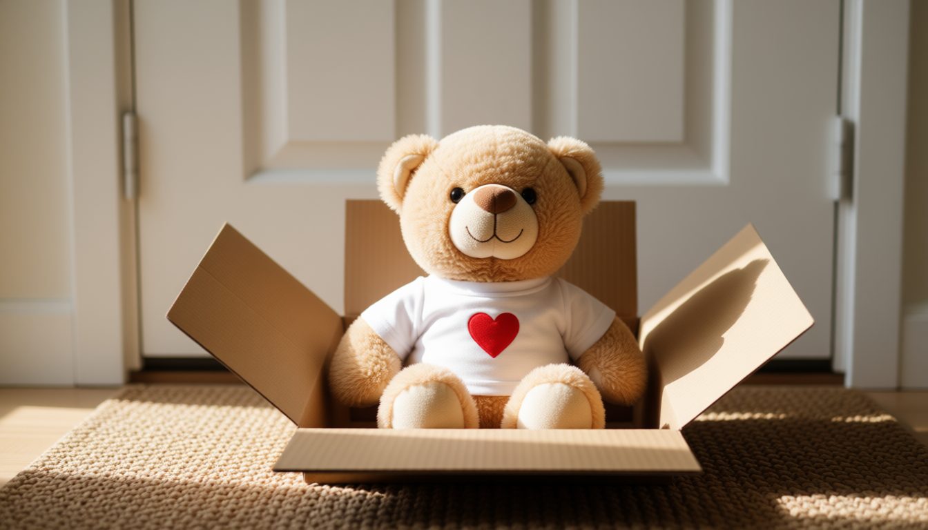 The young Ba sitting in an open cardboard box in front of a white front door, in morning light